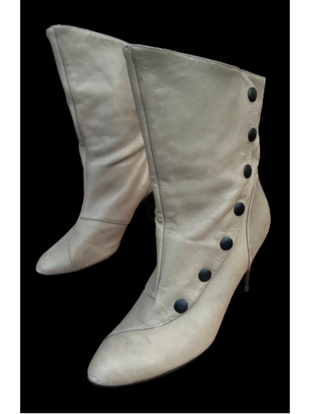 VTG 9 WEST Victorian steampunk taupe Lthr snap Ankl boots w 2.5” cone heel WM 9